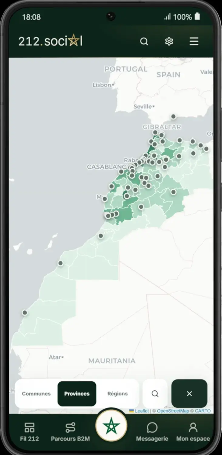 Application 212.social - Carte interactive du Maroc avec communes et provinces
