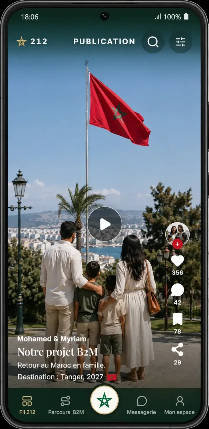 Application 212.social - Fil d'actualité communautaire et publication retour au pays