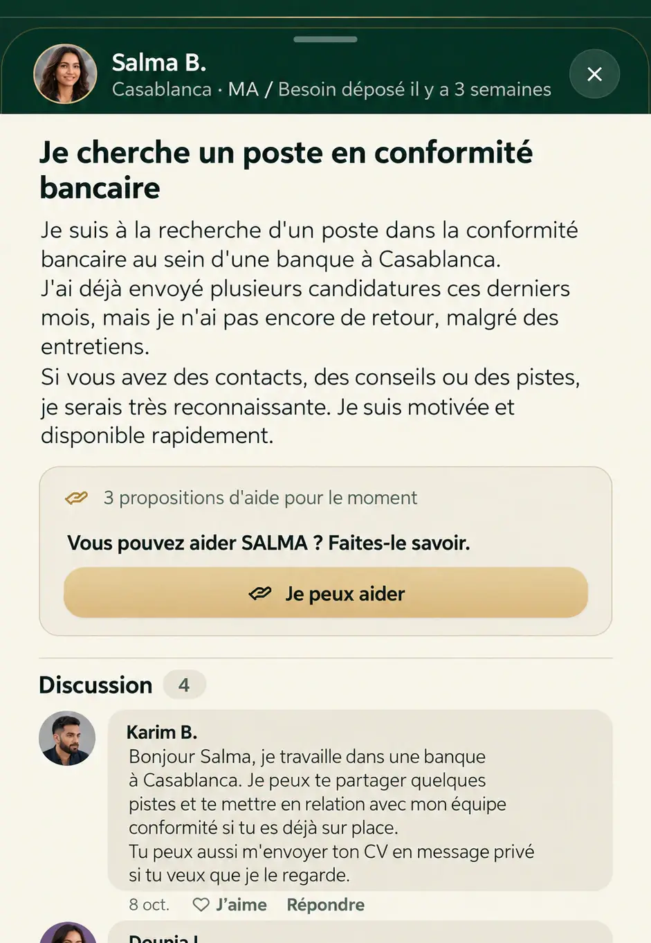Un besoin publié par une membre, avec le bouton « Je peux aider »