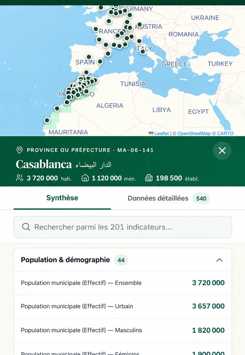 La fiche d’un territoire sur la carte interactive, avec les données du recensement